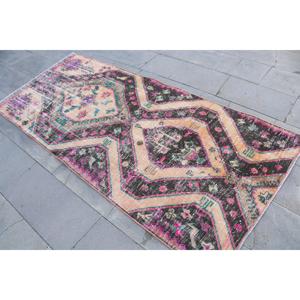Turkish Vintage Area <b>Rug</b> 3.5x7.6 ft, <b>Black</b> Pink Striped Wool <b>Rug</b> - Product Image 2