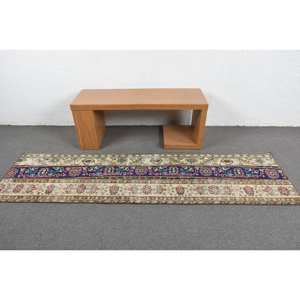 Classic Turkish Kilim <b>Rug</b> Beige and Blue Patchwork Design 2.2x8.3ft Handmade <b>Flat</b> Weave Wool Material with Latex Backing - Product Image 3