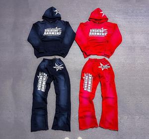 Survêtement pour hommes de haute qualité imprimé Logo Anti-rétrécissement surdimensionné lavage à l'acide sérigraphie pantalons de survêtement évasés et ensembles de sweat à capuche - Product Image 5