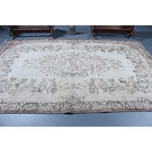 Alfombra Turca Vintage de 6.1x10.2 pies, Alfombra Grande, Alfombra de Lana a Rayas Marrón y Blanca - Product Image 3