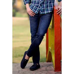 Unze London Custom logo TELIS Regular Fit Denim <b>Jeans</b> Bottom Loose Straight-leg Streetwear Style Low Waist Dark Colored Knitted - Product Image 1