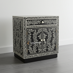 Chevet artisanal moderne écologique en incrustation d'os avec motif floral complexe, plateau en bois à deux tiroirs pour salon - Product Image 6