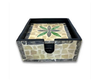 Ensemble de sous-verres décoratifs ronds en nacre avec mosaïque florale verte, conteneur de rangement en coquillages fait à la main pour un intérieur élégant - Product Image 4