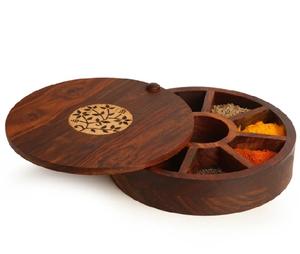 Sheesham Wood Spice Box With Floral Work 9 Container Spice Box With Spoon In sheesham Wood spice container with spoon wooden - Product Image 1