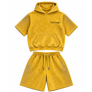 Winter <b>Men's</b> <b>Hoodie</b> & <b>Shorts</b> <b>Set</b> Customized Logo Lightweight 100% Cotton Fleece Streetwear Rhinestone Design - Product Image 1