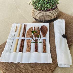 COCONUT CUTLERY <b>SET</b> RESEUSABLE <b>WOODEN</b> FORK <b>SPOON</b> KNIFE CUTLERY <b>SET</b> COCONUT <b>WOODEN</b> CLOTH BAG COCONUT RAMEN CUTLERY <b>SET</b> - Product Image 1