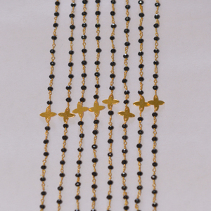 Perles de quartz noir de qualité supérieure et chaîne de chapelet plaqué or avec suiveur d'étoile de feuille. Chaîne perlée en fil métallique pour la fabrication de bracelets bijoux - Product Image 4