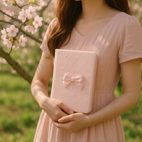 Carnet LABON Sakura Blossom A5 en tissu rose avec motif de pétales de fleurs de cerisier, nœud perlé pour un cadeau romantique, écriture de printemps