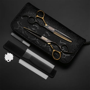 Ensemble de 2 ciseaux de coiffeur en acier inoxydable noir et doré, lame émoussée tranchante, peigne de coiffure, outil de beauté pour salon de coiffure - Product Image 2