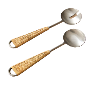 Stainless Steel Cutlery Salad Server Spoon With <b>Rattan</b> Handle Custom Dinnerware Used at Wholesale Price - Product Image 3