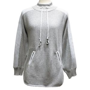 Elegant Customized Oblique Rib Knit Women's <b>Hoody</b> Turtleneck Long Sleeve Front Logo Winter Sweater <b>Thin</b> Cotton/Rayon/Nylon 12GG - Product Image 1