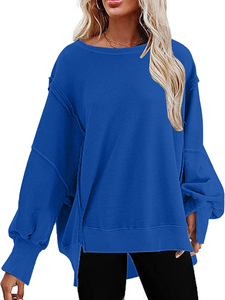 Sweat-shirt décontracté pour femme, couleur unie, coupe ample, anti-plis, disponible en longueur longue ou courte, 2026 - Product Image 2