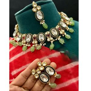 Conjunto de Collar y Pendientes de Alta Calidad con Piedras Kundan Chapadas en Oro, Estilo Étnico, Colección de Joyería para Bodas, Tikka para Mujer - Product Image 1