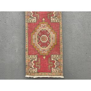 Vintage Small Rug 1.5x3 ft (46x92 cm), Turkish <b>Red</b> Animal Print <b>Wool</b> Rug - Product Image 1