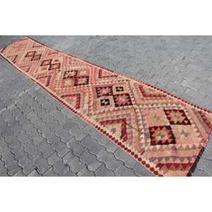 Vintage Turkish Rug 2.7x14.4 ft (82x440 cm), Kilim <b>Red</b> <b>Wool</b> Rug - Product Image 2