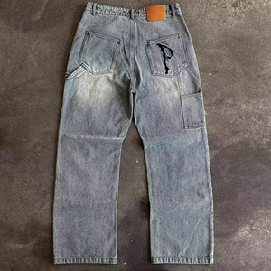 กางเกงยีนส์ผู้ชายผ้าฝ้าย100% ทรงตรงสไตล์ฮิปฮอปทรงหลวมผ้าเดนิมเย็บปะติดปะต่อกันผ้าเดนิมสตรีทแวร์ผ้าซักสีเข้มดีไซน์ Y2K - Product Image 4