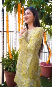 Estilo étnico indio doble manga amarillo Georgette bordado trabajo Kurti con Plazo conjunto para mujer traje tradicional para boda - Product Image 5