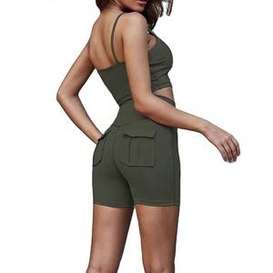 Top corto de Color sólido para mujer, conjunto de dos piezas de sujetador y pantalones cortos de motorista con logotipo personalizado, Material de poliéster Spandex, 2023 - Product Image 5