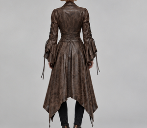 Manteau trench en cuir avec fermeture à lacets sur les manches, long, style automne pour femmes - Product Image 6