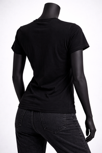 Camiseta gráfica negra para mujer, estampado de arte lineal minimalista, corte ajustado, algodón, informal, manga corta, camiseta de moda - Product Image 5