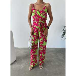 Mono de satén de cintura alta con cuello en V estampado y diseño de tirantes, transpirable, estilo urbano moderno - Product Image 4