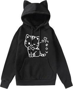 เสื้อสวมหัวมีฮู้ดลายแมวสีดำโอเวอร์ไซส์พร้อมกระเป๋าลากเสื้อผ้า Y2k แฟชั่นฤดูใบไม้ร่วง - Product Image 1