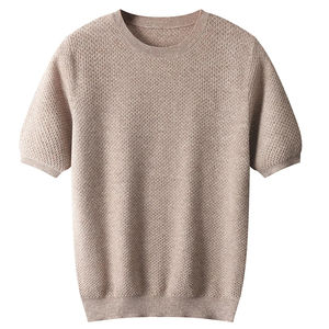 Pull à col en T pour hommes à manches courtes 100% pull en pure laine printemps et été nouveau pull couleur unie tendance haut - Product Image 2