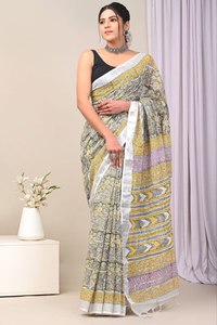 Pure Linen <strong>Silk</strong> <strong>Sarees</strong> Traditional Digital Print <strong>PALLU</strong> with BLOUSE