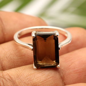 Bague de fiançailles en argent sterling 925, sertie d'un quartz fumé taille émeraude, 10x14 mm, bijoux de mariage délicats et tendance - Product Image 5