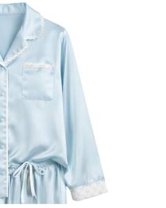 Ensemble de pyjama en satin de soie bleu clair pour femmes, personnalisé par le fabricant, boutonné, manches longues, vêtements de nuit luxueux, dentelle douce - Product Image 3