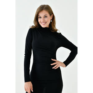 Women's Black <b>Stretchy</b> Sandy <b>Fabric</b> Midi Dress with Long Sleeves and Gathered Design - 10941 - Product Image 5