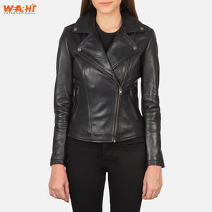 Chaqueta de motorista de cuero negro genuino para mujer, ajustada, cuello de solapa clásico, cremallera frontal asimétrica, cremallera lateral, liso teñido sólido - Product Image 1