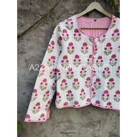 Main bloc fleur imprimer veste d'hiver femmes vêtements blanc et rose indien Kantha veste coton matelassé manteau, Boho, Hippie