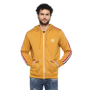 Hoodie Buatan Pakistan untuk Pria, Hoodie Olahraga Atletik Ritsleting Warna Kuning Lengan Penuh Bergaris