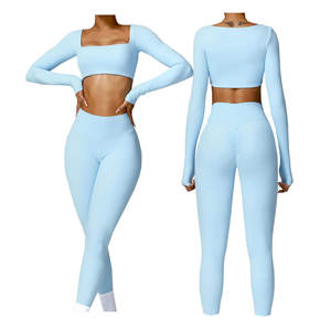 Nouveauté, vente en gros, vêtements de sport pour le fitness, ensemble athlétique, ensembles 2 pièces d'entraînement solides en nylon et spandex pour le dos des femmes, logo personnalisé - Product Image 1
