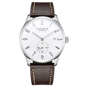 <span class=keywords><strong>Parnis</strong></span> 42MM argent automatique mécanique montre pour hommes bracelet en cuir calendrier affichage Hangzhou mouvement 22mm bande Reloj Hombre - Product Image 1