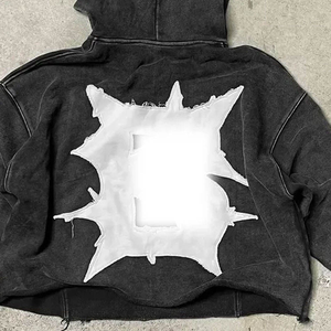 Sudadera con capucha y cremallera de Algodón 100% con lavado ácido Vintage, sudadera de invierno de peso pesado personalizada, parche bordado con apliques desgastados recortados - Product Image 3