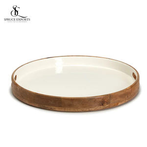 Bandeja para servir de madera redonda moderna hecha a mano, madera Natural con acabado esmaltado para bodas, Diwali, pieza de decoración de comedor hecha a mano - Product Image 4