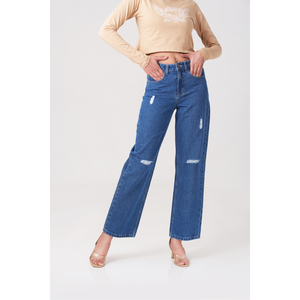 กางเกงยีนส์ขาดเอวสูง culotte สีน้ำเงิน - Product Image 3