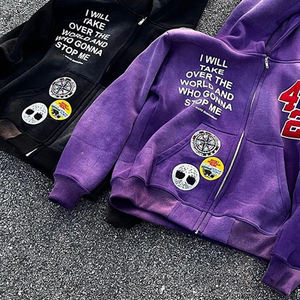 Sudaderas con Capucha y Cremallera para Hombre, 100% Algodón Tejido, Lavado Ácido, Efecto Desgastado por el Sol, con Parche de Chenilla y Pedrería Personalizada - Product Image 4