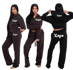 Women's Winter Eco-Friendly Casual <b>Distressed</b> Two-Piece Tracksuit Set 100% Cotton Custom Logo Embroidered Hooded Sweatpants - Product Image 1
