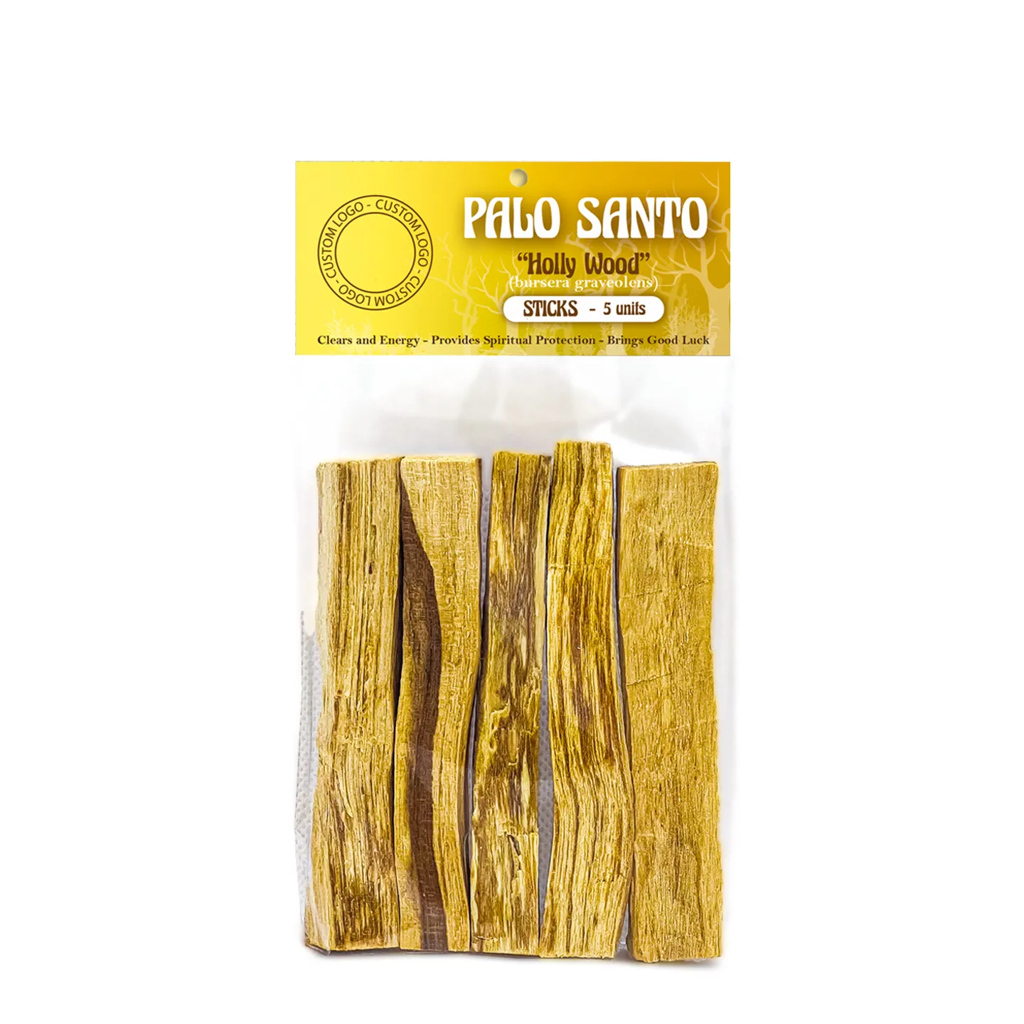 사용자 정의 가방 x 5 단위. Palo Santo 나무 스틱. 로고가 표시되어 있습니다. 길이: 10cm; 두께:(1.5-2)cm.