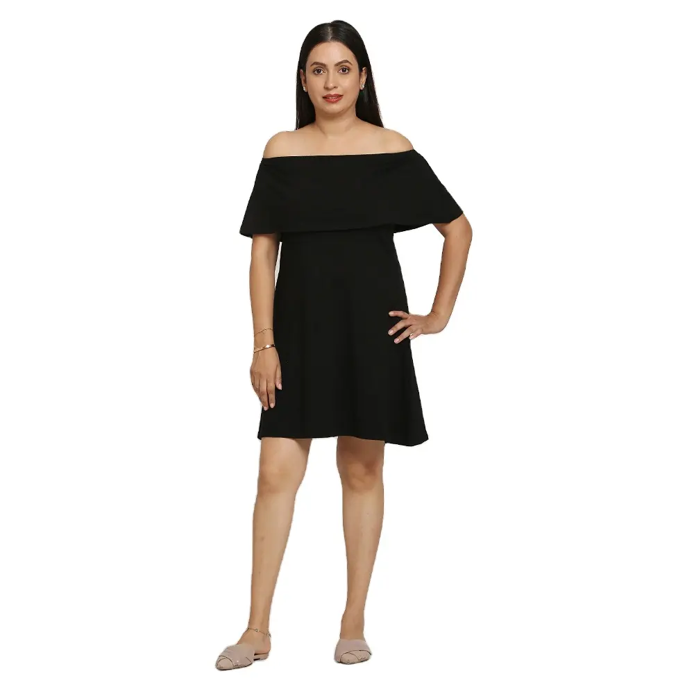 ट्रेंडी नवीनतम डिज़ाइन ऑफ-शोल्डर स्टाइल छोटी लंबाई की ड्रेस मैटरनिटी वियर गर्भवती महिलाओं के लिए सुंदर काले रंग की ड्रेस