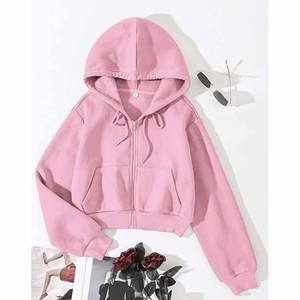 Sudadera recortada con capucha para mujer, con cremallera, manga larga, cordón, con capucha, con bolsillos - Product Image 2