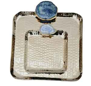 Plateau de service de forme carrée avec un design martelé et une pierre d'agate, plateau écologique en pierre naturelle polie, articles de cuisine pour la maison, plateau de service décoratif - Product Image 5