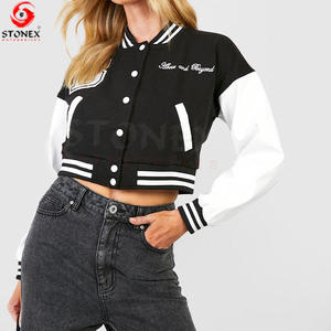 Winter Collection Crop Varsity Cropped <b>Women</b> <b>Jacket</b> with <b>White</b> Leather Sleeves Winter Products 2023 Baseball Coat - Product Image 3