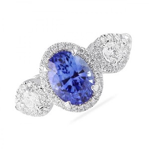 Bague de luxe en or blanc pour la vente en gros de trois pierres naturelles Halo Design de forme ovale en saphir bleu et diamant - Product Image 1
