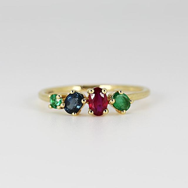 14K Solid Gold Multi Sapphire Ring Wedding Bridal Ring Sapphire, Emerald, Ruby 14K Gold Ring Genuine Gemstone 14K Gold Jewelry
