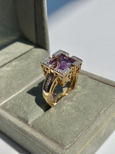 Bague lourde en or jaune massif 14k avec damier taillé violet améthyste Vintage Antique Style rétro bijoux en argent - Product Image 5