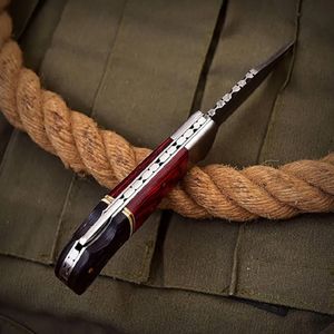 Cuchillo plegable multiherramienta personalizable de acero de Damasco DIY con botón pulsador de mango de madera OEM para supervivencia al aire libre y caza - Product Image 4